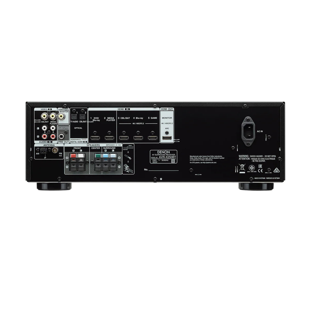 Rear view of Denon AVR-X250BT